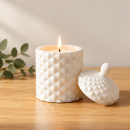 Close-up of the lit Baby Geo White candle with lid beside it