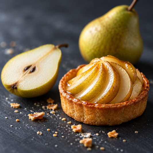 French Pear scent card featuring a golden pear tart and fresh pears on dark slate