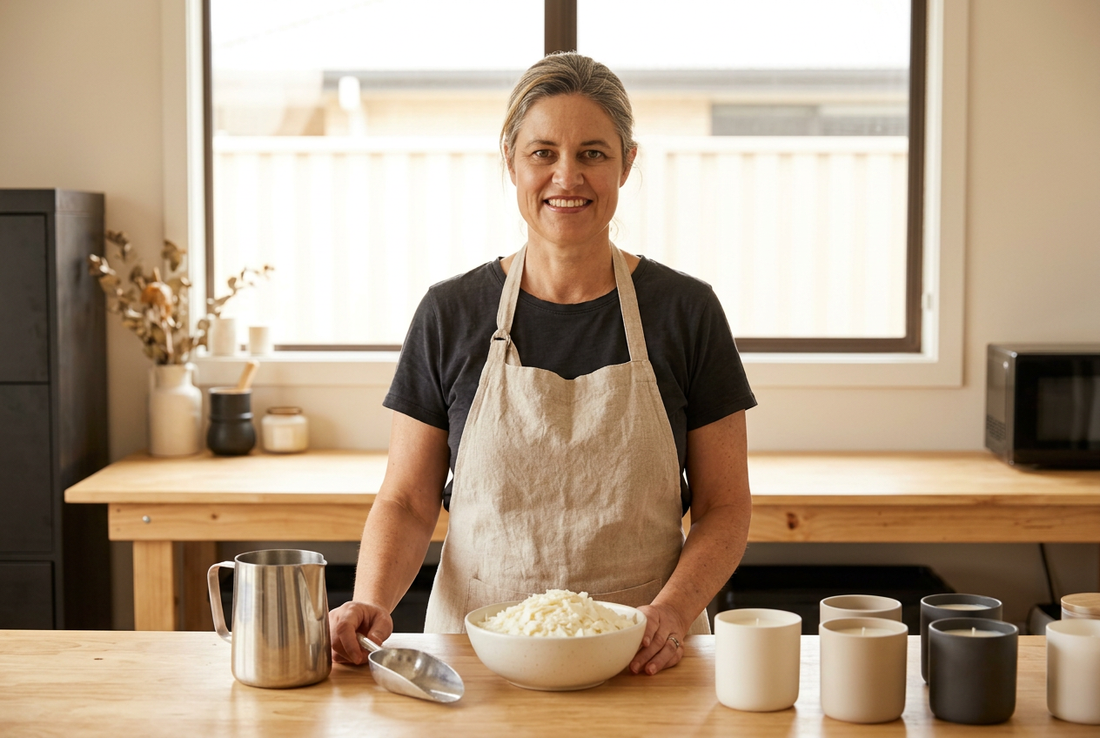 AI-created portrait of Sheryl at a candle-making workbench with soy wax flakes and pouring tools.