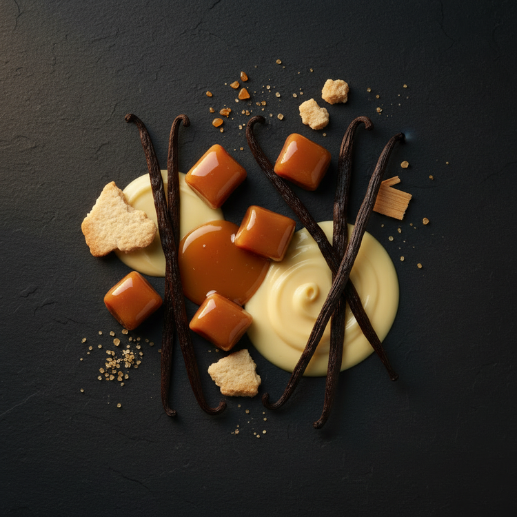 Vanilla Caramel dark editorial scent card