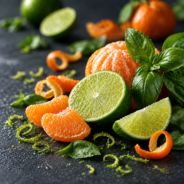Lime Basil & Mandarin scent card with fresh citrus and basil on dark slate