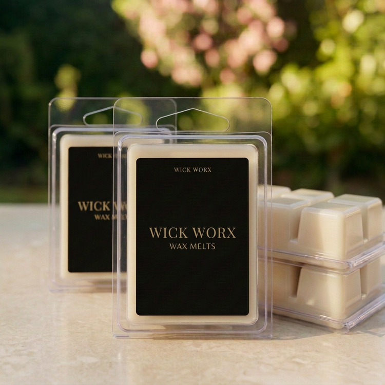 WICK WORX wax melt collection image with creamy ivory wax and soft garden styling
