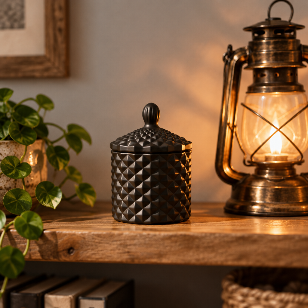 Baby Geo Black candle styled on a timber shelf with a brass lantern