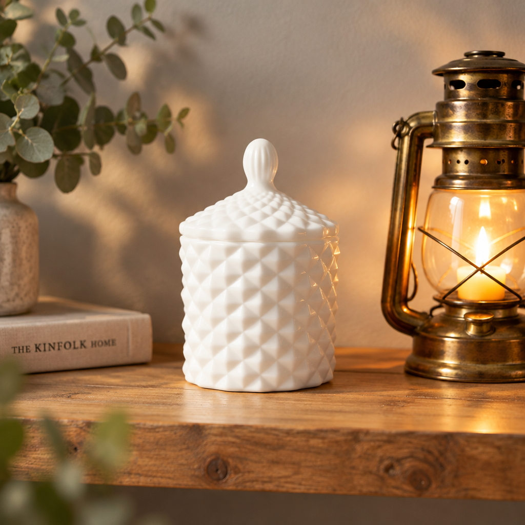 Baby Geo White candle styled on a timber shelf with a brass lantern