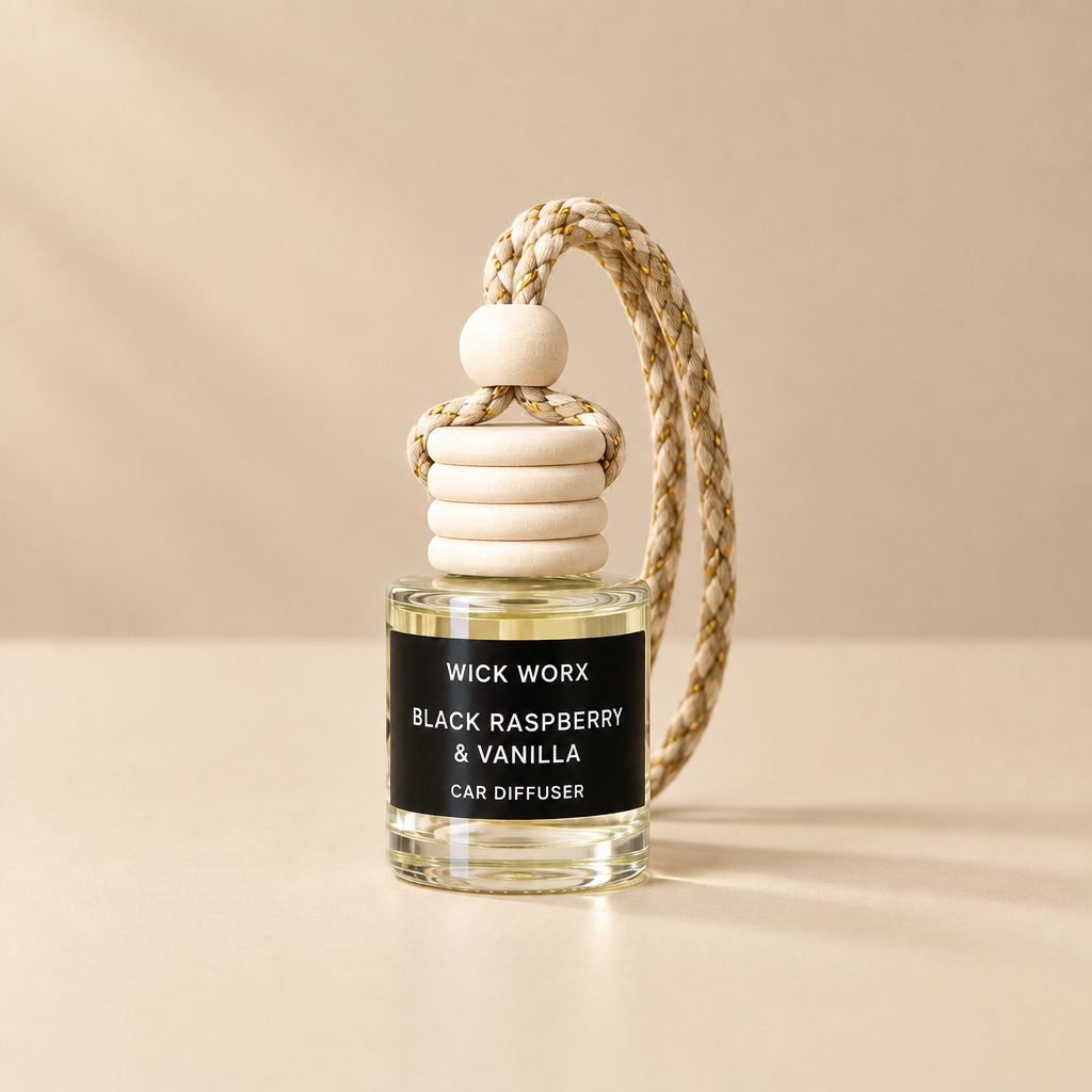 Black Raspberry & Vanilla car diffuser on a simple warm neutral background
