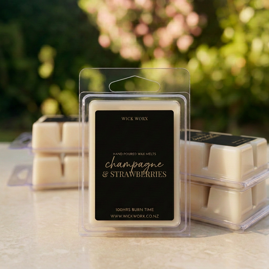 Champagne and Strawberries wax melts in matching square styling