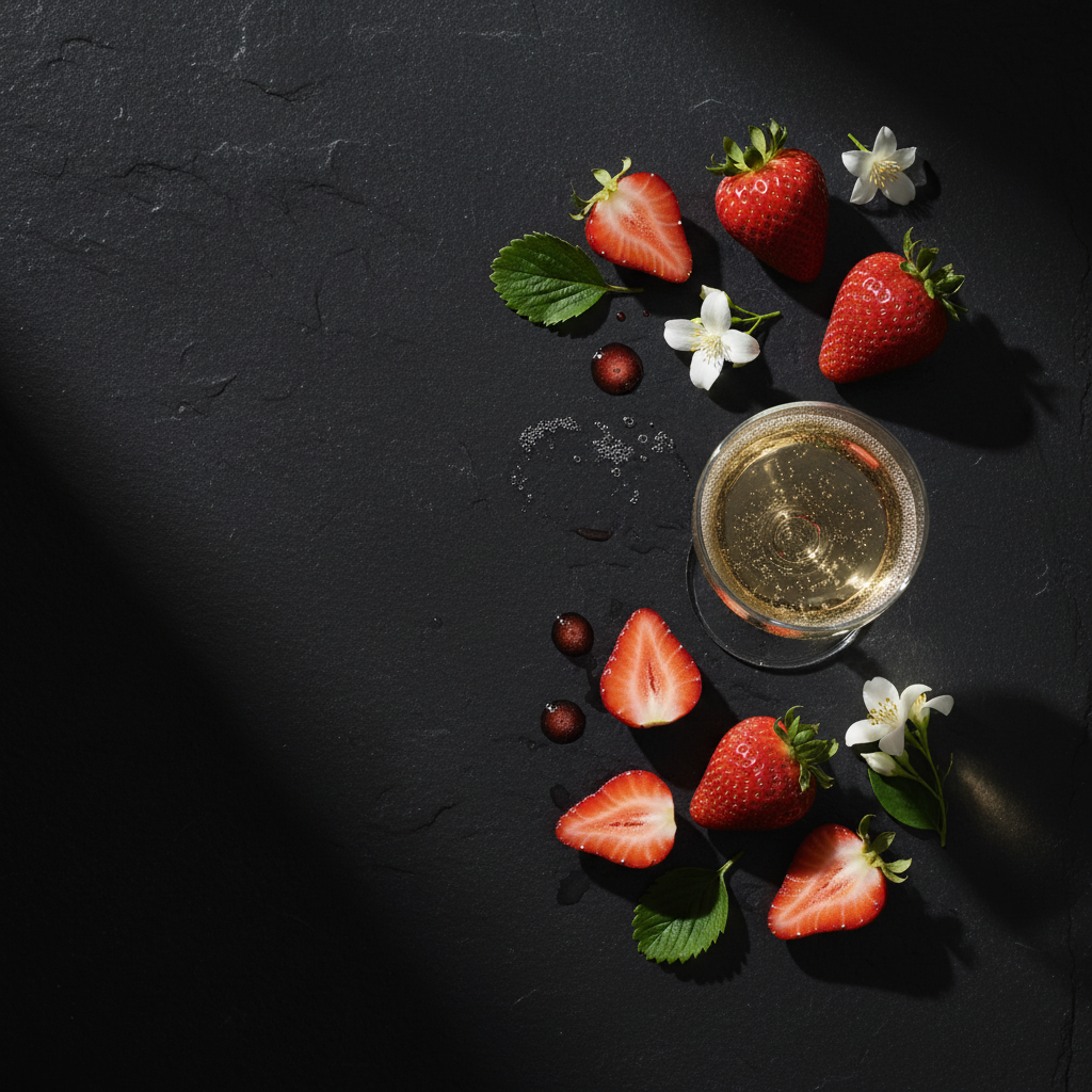 Champagne & Strawberries dark editorial scent card