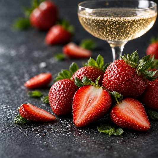 Champagne & Strawberries scent card with fresh strawberries and a champagne coupe on dark slate