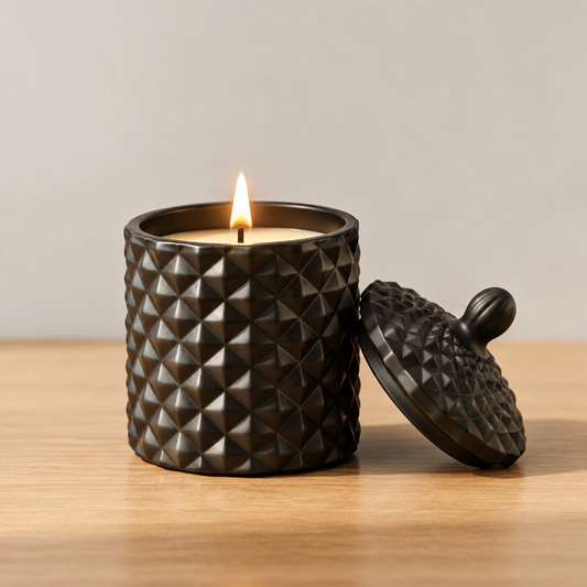 Close-up of the lit Baby Geo Black candle with lid beside it