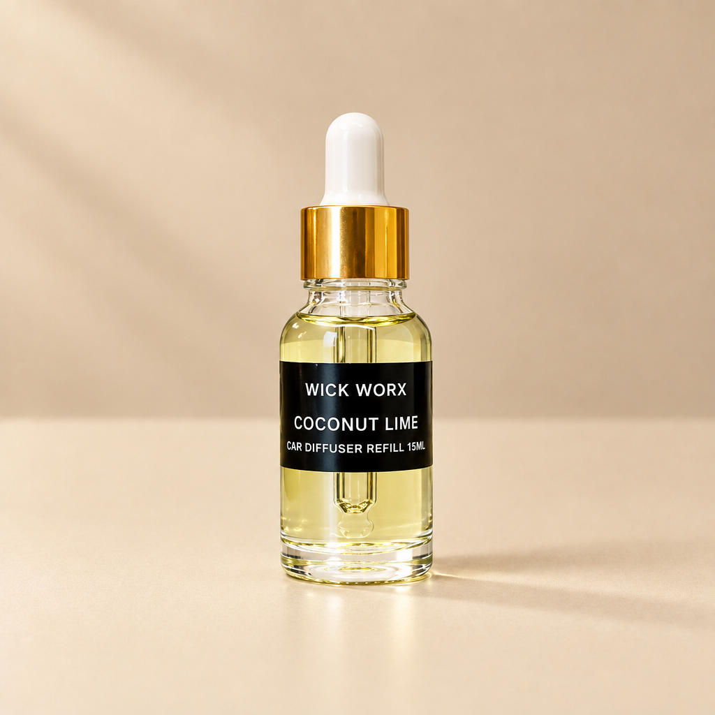 Coconut Lime 15ml car diffuser refill on a warm neutral background