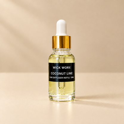 Coconut Lime 15ml car diffuser refill on a warm neutral background