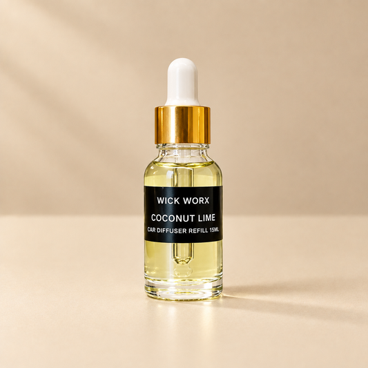 Coconut Lime 15ml car diffuser refill on a warm neutral background