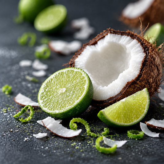 Coconut Lime scent card with cracked coconut, fresh lime and scattered zest on dark slate