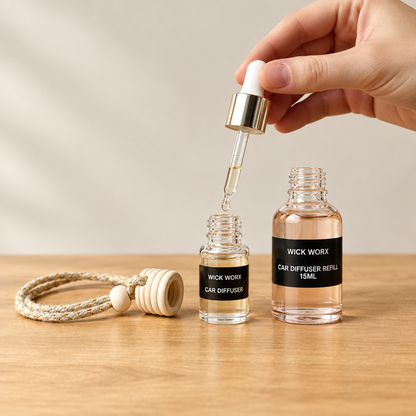 Generic WICK WORX car diffuser refilling scene on a warm oak tabletop