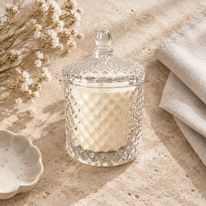 Geo Candle — travertine flatlay