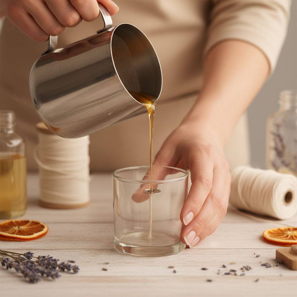 Hand-pouring soy wax candles in small batches