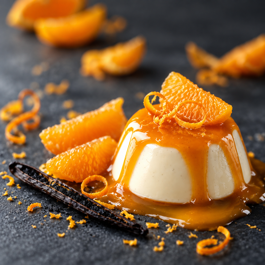 Orange Vanilla scent card with vanilla dessert, orange sauce and fresh orange accents