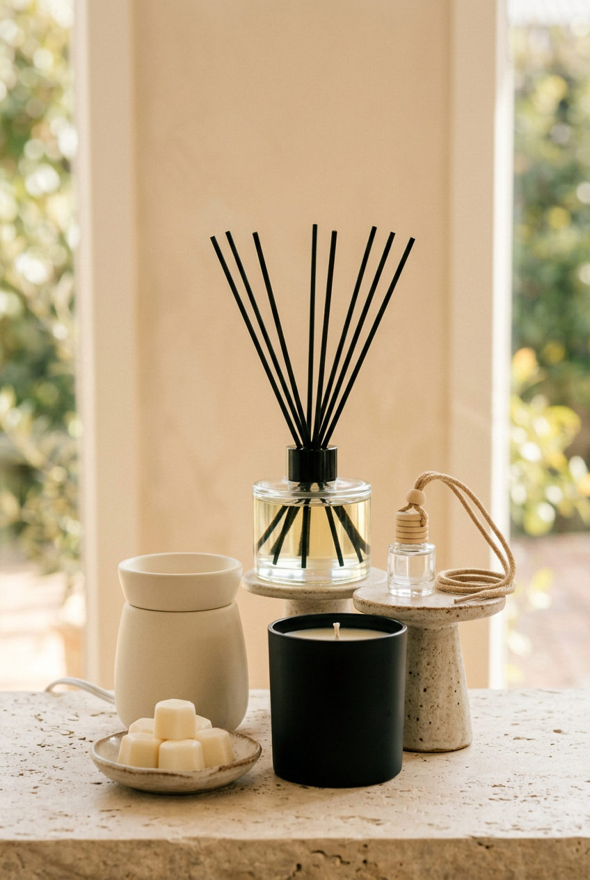 Portrait home fragrance scene with candles, wax melts, a reed diffuser and a car diffuser