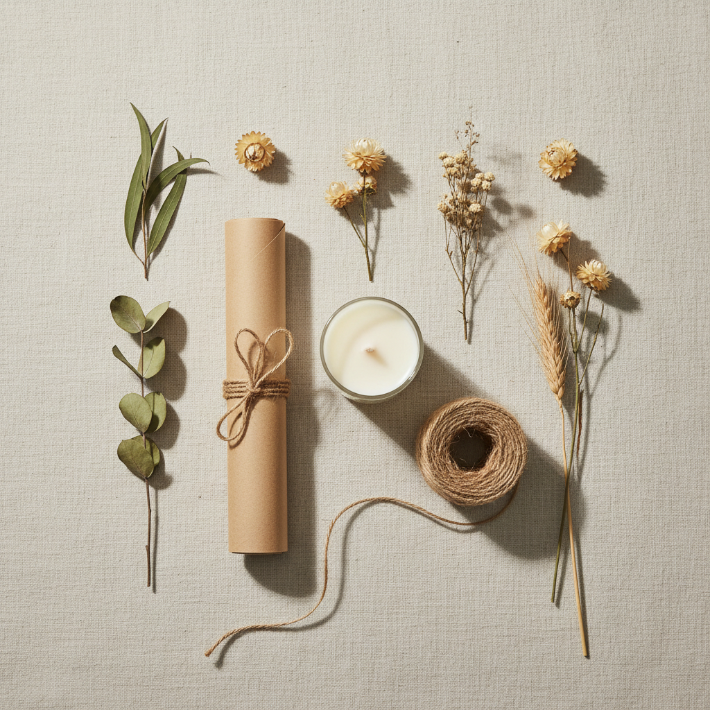 Sustainable candle packaging flat lay