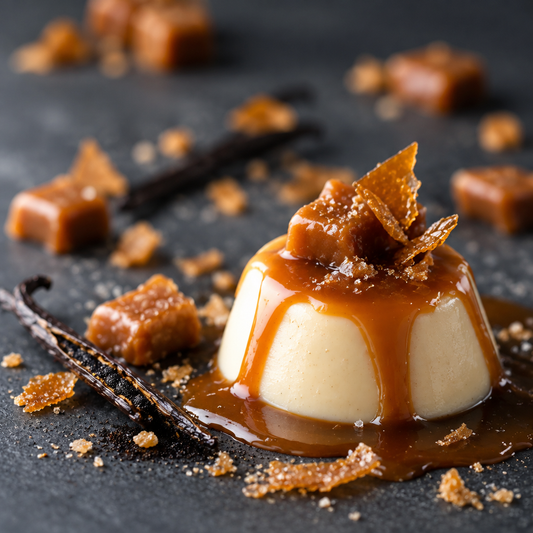 Vanilla Caramel scent card with creamy vanilla dessert and glossy golden caramel on dark slate