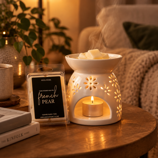 Wax melts melting in a ceramic warmer on a timber table in a cosy evening room