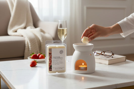 WICK WORX Champagne & Strawberries soy wax melts in clamshell packaging next to a white wax warmer with a lit tea light and fresh strawberries.
